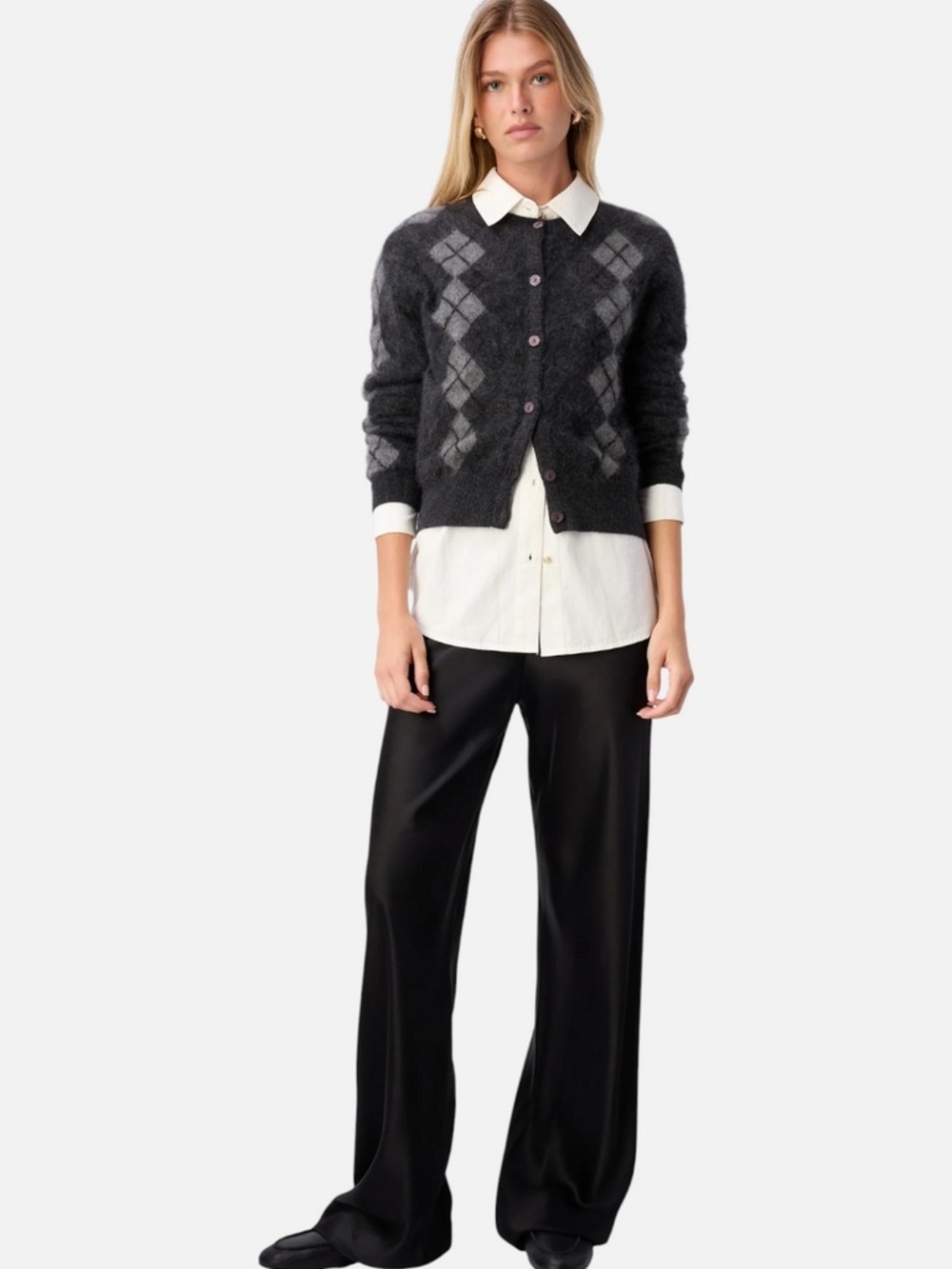 NWT CAMI NYC Charcoal Argyle Button-Front Women's Sweater Cashmere Cardigan - Picture 3 of 10
